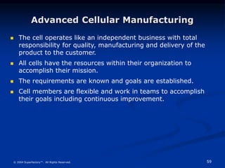 59
© 2004 Superfactory™. All Rights Reserved.
Advanced Cellular Manufacturing
 The cell operates like an independent business with total
responsibility for quality, manufacturing and delivery of the
product to the customer.
 All cells have the resources within their organization to
accomplish their mission.
 The requirements are known and goals are established.
 Cell members are flexible and work in teams to accomplish
their goals including continuous improvement.
 