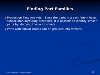 64
© 2004 Superfactory™. All Rights Reserved.
Finding Part Families
 Production Flow Analysis : Since the parts in a part family have
similar manufacturing processes, it is possible to identify similar
parts by studying the route sheets.
 Parts with similar routes can be grouped into families.
 