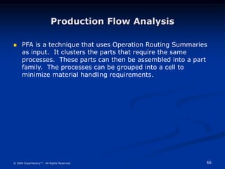 66
© 2004 Superfactory™. All Rights Reserved.
Production Flow Analysis
 PFA is a technique that uses Operation Routing Summaries
as input. It clusters the parts that require the same
processes. These parts can then be assembled into a part
family. The processes can be grouped into a cell to
minimize material handling requirements.
 