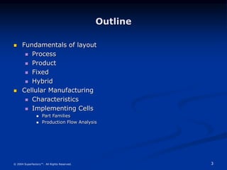 3
© 2004 Superfactory™. All Rights Reserved.
Outline
 Fundamentals of layout
 Process
 Product
 Fixed
 Hybrid
 Cellular Manufacturing
 Characteristics
 Implementing Cells
 Part Families
 Production Flow Analysis
 