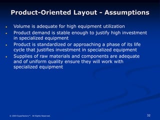 32
© 2004 Superfactory™. All Rights Reserved.
Product-Oriented Layout - Assumptions
 Volume is adequate for high equipment utilization
 Product demand is stable enough to justify high investment
in specialized equipment
 Product is standardized or approaching a phase of its life
cycle that justifies investment in specialized equipment
 Supplies of raw materials and components are adequate
and of uniform quality ensure they will work with
specialized equipment
 