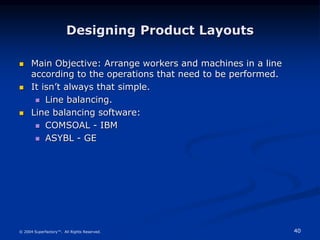 40
© 2004 Superfactory™. All Rights Reserved.
Designing Product Layouts
 Main Objective: Arrange workers and machines in a line
according to the operations that need to be performed.
 It isn’t always that simple.
 Line balancing.
 Line balancing software:
 COMSOAL - IBM
 ASYBL - GE
 