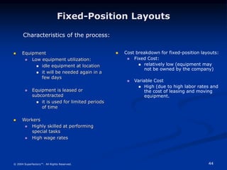 44
© 2004 Superfactory™. All Rights Reserved.
Fixed-Position Layouts
 Equipment
 Low equipment utilization:
 idle equipment at location
 it will be needed again in a
few days
 Equipment is leased or
subcontracted
 it is used for limited periods
of time
 Workers
 Highly skilled at performing
special tasks
 High wage rates
 Cost breakdown for fixed-position layouts:
 Fixed Cost:
 relatively low (equipment may
not be owned by the company)
 Variable Cost
 High (due to high labor rates and
the cost of leasing and moving
equipment.
Characteristics of the process:
 