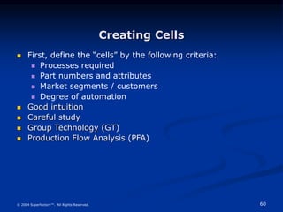 60
© 2004 Superfactory™. All Rights Reserved.
Creating Cells
 First, define the “cells” by the following criteria:
 Processes required
 Part numbers and attributes
 Market segments / customers
 Degree of automation
 Good intuition
 Careful study
 Group Technology (GT)
 Production Flow Analysis (PFA)
 