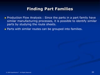 64
© 2004 Superfactory™. All Rights Reserved.
Finding Part Families
 Production Flow Analysis : Since the parts in a part family have
similar manufacturing processes, it is possible to identify similar
parts by studying the route sheets.
 Parts with similar routes can be grouped into families.
 
