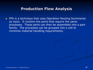 66
© 2004 Superfactory™. All Rights Reserved.
Production Flow Analysis
 PFA is a technique that uses Operation Routing Summaries
as input. It clusters the parts that require the same
processes. These parts can then be assembled into a part
family. The processes can be grouped into a cell to
minimize material handling requirements.
 