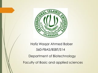 Hafiz Waqar Ahmed Baber
560-FBAS/BSBT/S14
Department of Biotechnology
Faculty of Basic and applied sciences
 