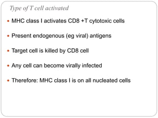 Type of T cell activated
 MHC class I activates CD8 +T cytotoxic cells
 Present endogenous (eg viral) antigens
 Target cell is killed by CD8 cell
 Any cell can become virally infected
 Therefore: MHC class I is on all nucleated cells
 