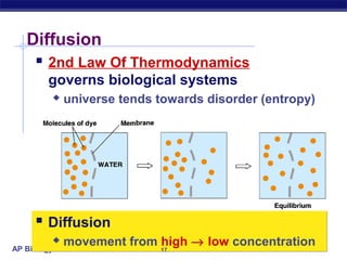 Diffusion
     2nd Law Of Thermodynamics
        governs biological systems
             universe tends towards disorder (entropy)




      Diffusion
AP Biology
             movement from high → low concentration
                            17
 