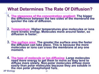 What Determines The Rate Of Diffusion?
   1. The steepness of the concentration gradient: The bigger
      the difference between the two sides of the membrane the
      quicker the rate of diffusion.

   2. Temperature: Higher temperatures give molecules or ions
      more kinetic energy. Molecules move around faster, so
      diffusion is faster.

   3. The surface area: The greater the surface area the faster
      the diffusion can take place. This is because the more
      molecules or ions can cross the membrane at any one
      moment.

   4. The type of molecule or ion diffusing: Large molecules
      need more energy to get them to move so they tend to
      diffuse more slowly. Non-polar molecules diffuse more
      easily than polar molecules because they are soluble in
      the non polar phospholipid tails.
AP Biology                    21
 