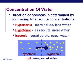 Concentration Of Water
     Direction of osmosis is determined by
        comparing total solute concentrations
            Hypertonic - more solute, less water
            Hypotonic - less solute, more water
            Isotonic - equal solute, equal water


                            water

                 hypotonic       hypertonic
AP Biology          net movement of water
                            33
 