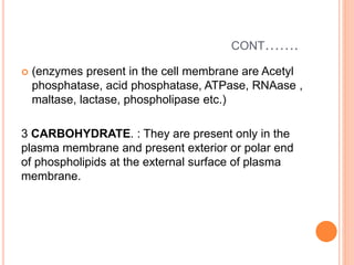 CONT…….
 (enzymes present in the cell membrane are Acetyl
phosphatase, acid phosphatase, ATPase, RNAase ,
maltase, lactase, phospholipase etc.)
3 CARBOHYDRATE. : They are present only in the
plasma membrane and present exterior or polar end
of phospholipids at the external surface of plasma
membrane.
 