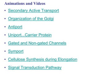 Animations and Videos
• Secondary Active Transport
• Organization of the Golgi
• Antiport
• Uniport...Carrier Protein
• Gated and Non-gated Channels
• Symport
• Cellulose Synthesis during Elongation
• Signal Transduction Pathway
 