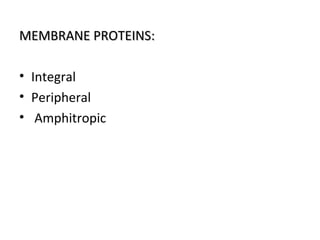 MEMBRANE PROTEINS:MEMBRANE PROTEINS:
• Integral
• Peripheral
• Amphitropic
 