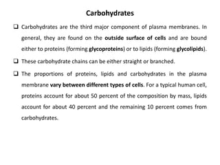 Carbohydrates
 Carbohydrates are the third major component of plasma membranes. In
general, they are found on the outside surface of cells and are bound
either to proteins (forming glycoproteins) or to lipids (forming glycolipids).
 These carbohydrate chains can be either straight or branched.
 The proportions of proteins, lipids and carbohydrates in the plasma
membrane vary between different types of cells. For a typical human cell,
proteins account for about 50 percent of the composition by mass, lipids
account for about 40 percent and the remaining 10 percent comes from
carbohydrates.
 