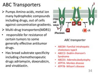ABC Transporters
 Pumps Amino-acids, metal ion
many hydrophobic compounds
including drugs, out of cells
against concentration gradients.
 Multi-drug transporters(MDR1)
• responsible for resistance of
certain tumors to some
generally effective antitumor
drugs.
• Has broad substrate specificity
including chemotherapeutic
drugs adriamycin, doxorubicin,
and vinablastin.
ABC transporter
34
• ABCB4- Familial intrahepatic
cholestasis type3
• ABCC2- Dublin-Jhonson’s
Syndrome
• ABCD1- Adenoleukodystophy
• ATP7A- Menkes disease
• ATP7B- Wilson’s disease
 