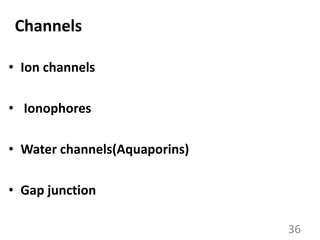 Channels
• Ion channels
• Ionophores
• Water channels(Aquaporins)
• Gap junction
36
 