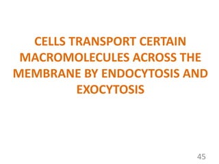 CELLS TRANSPORT CERTAIN
MACROMOLECULES ACROSS THE
MEMBRANE BY ENDOCYTOSIS AND
EXOCYTOSIS
45
 