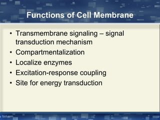 Functions of Cell Membrane
• Transmembrane signaling – signal
transduction mechanism
• Compartmentalization
• Localize enzymes
• Excitation-response coupling
• Site for energy transduction
 