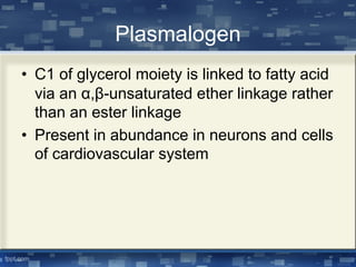 Plasmalogen
• C1 of glycerol moiety is linked to fatty acid
via an α,β-unsaturated ether linkage rather
than an ester linkage
• Present in abundance in neurons and cells
of cardiovascular system
 