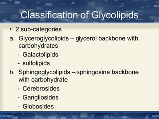 Classification of Glycolipids
• 2 sub-categories
a. Glyceroglycolipids – glycerol backbone with
carbohydrates
- Galactolipids
- sulfolipids
b. Sphingoglycolipids – sphingosine backbone
with carbohydrate
- Cerebrosides
- Gangliosides
- Globosides
 