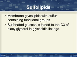 Sulfolipids
• Membrane glycolipids with sulfur
containing functional groups
• Sulfonated glucose is joined to the C3 of
diacylglycerol in glycosidic linkage
 