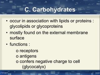 C. Carbohydrates
• occur in association with lipids or proteins :
glycolipids or glycoproteins
• mostly found on the external membrane
surface
• functions :
o receptors
o antigens
o confers negative charge to cell
(glycocalyx)
 