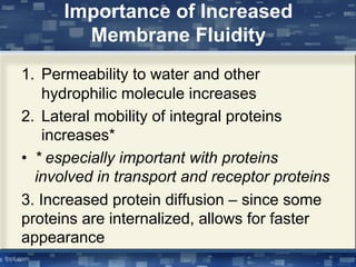 Importance of Increased
Membrane Fluidity
1. Permeability to water and other
hydrophilic molecule increases
2. Lateral mobility of integral proteins
increases*
• * especially important with proteins
involved in transport and receptor proteins
3. Increased protein diffusion – since some
proteins are internalized, allows for faster
appearance
 