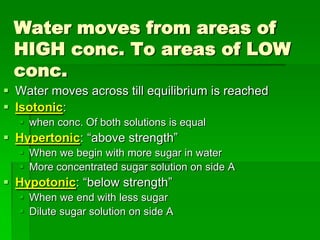 Water moves from areas of
 HIGH conc. To areas of LOW
 conc.
 Water moves across till equilibrium is reached
 Isotonic:
   when conc. Of both solutions is equal
 Hypertonic: “above strength”
   When we begin with more sugar in water
   More concentrated sugar solution on side A
 Hypotonic: “below strength”
   When we end with less sugar
   Dilute sugar solution on side A
 