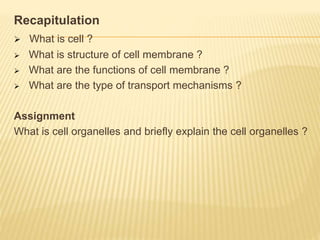 Recapitulation
 What is cell ?
 What is structure of cell membrane ?
 What are the functions of cell membrane ?
 What are the type of transport mechanisms ?
Assignment
What is cell organelles and briefly explain the cell organelles ?
 
