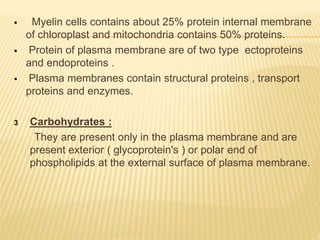  Myelin cells contains about 25% protein internal membrane
of chloroplast and mitochondria contains 50% proteins.
 Protein of plasma membrane are of two type ectoproteins
and endoproteins .
 Plasma membranes contain structural proteins , transport
proteins and enzymes.
3 Carbohydrates :
They are present only in the plasma membrane and are
present exterior ( glycoprotein's ) or polar end of
phospholipids at the external surface of plasma membrane.
 