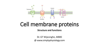 Cell membrane proteins
Structure and functions
Dr. GT Wijesinghe, MBBS
@ www.simplyphysiology.com
 