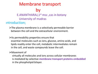Membrane transport
by
E.ANANTHARAJ,1st msc ,cas in botany
University of madras
Introduction;
The plasma membrane is a selectively permeable barrier
between the cell and the extracellular environment.
Its permeability properties ensure that
essential molecules such as ions, glucose, amino acids, and
lipids readily enter the cell, metabolic intermediates remain
in the cell, and waste compounds leave the cell.
Movement of
virtually all molecules and ions across cellular membranes
is mediated by selective membrane transport proteins embedded
in the phospholipid bilayer.

 