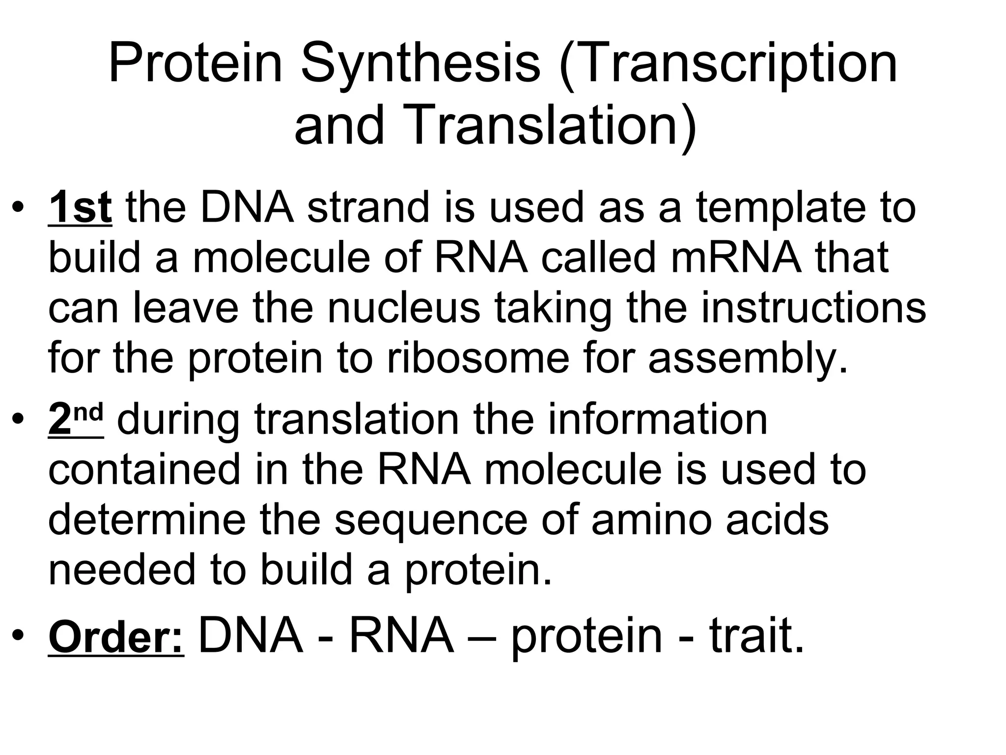 Protein Synthesis (Transcription and Translation)  1st  the DNA strand is used as a template to build a molecule of RNA called mRNA that can leave the nucleus taking the instructions for the protein to ribosome for assembly. 2 nd  during translation the information contained in the RNA molecule is used to determine the sequence of amino acids needed to build a protein.  Order:   DNA - RNA – protein - trait.  