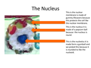 The Nucleus

This is the nuclear
membrane is made of
gummy lifesavers because
this protects the cell like
the nuclear membrane.

This is the nucleus it is
made of a popcorn ball
because the nucleus is
round.
This is the nucleolus it is
made form a gumball and
we picked this because it
is rounded to like the
nucleoid.

 