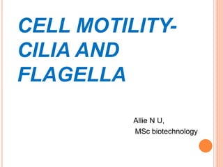 CELL MOTILITY-
CILIA AND
FLAGELLA
Allie N U,
MSc biotechnology
 