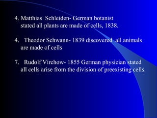 4. Matthias Schleiden- German botanist
   stated all plants are made of cells, 1838.

4. Theodor Schwann- 1839 discovered all animals
  are made of cells

7. Rudolf Virchow- 1855 German physician stated
  all cells arise from the division of preexisting cells.
 