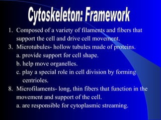 1. Composed of a variety of filaments and fibers that
   support the cell and drive cell movement.
3. Microtubules- hollow tubules made of proteins.
   a. provide support for cell shape.
   b. help move organelles.
   c. play a special role in cell division by forming
      centrioles.
8. Microfilaments- long, thin fibers that function in the
   movement and support of the cell.
   a. are responsible for cytoplasmic streaming.
 