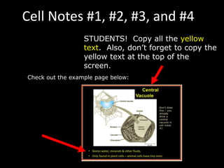 Cell Notes #1, #2, #3, and #4
STUDENTS! Copy all the yellow
text. Also, don’t forget to copy the
yellow text at the top of the
screen.
Check out the example page below:
 