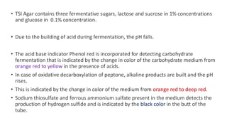 • TSI Agar contains three fermentative sugars, lactose and sucrose in 1% concentrations
and glucose in 0.1% concentration.
• Due to the building of acid during fermentation, the pH falls.
• The acid base indicator Phenol red is incorporated for detecting carbohydrate
fermentation that is indicated by the change in color of the carbohydrate medium from
orange red to yellow in the presence of acids.
• In case of oxidative decarboxylation of peptone, alkaline products are built and the pH
rises.
• This is indicated by the change in color of the medium from orange red to deep red.
• Sodium thiosulfate and ferrous ammonium sulfate present in the medium detects the
production of hydrogen sulfide and is indicated by the black color in the butt of the
tube.
 