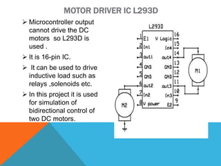 MOTOR DRIVER IC L293D
 Microcontroller output
cannot drive the DC
motors so L293D is
used .
 It is 16-pin IC.
 It can be used to drive
inductive load such as
relays ,solenoids etc.
 In this project it is used
for simulation of
bidirectional control of
two DC motors.
 