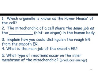 1. Which organelle is known as the Power House” of
the cell?
2. The mitochondria of a cell share the same job as
the __________ (hint- an organ) in the human body.
3. Explain how you could distinguish the rough ER
from the smooth ER.
4. What is the main job of the smooth ER?
5. What type of reactions occur on the inner
membrane of the mitochondria? (produces energy)

                                                    29
 