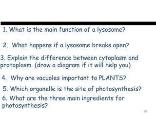 1. What is the main function of a lysosome?

2. What happens if a lysosome breaks open?

3. Explain the difference between cytoplasm and
protoplasm. (draw a diagram if it will help you)

4. Why are vacuoles important to PLANTS?
5. Which organelle is the site of photosynthesis?
6. What are the three main ingredients for
photosynthesis?
                                                    30
 