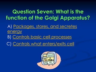 Question Seven: What is the function of the Golgi Apparatus?A) Packages, stores, and secretes energyB) Controls basic cell processesC) Controls what enters/exits cell