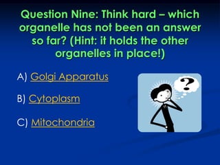 Question Nine: Think hard – which organelle has not been an answer so far? (Hint: it holds the other organelles in place!)A) Golgi ApparatusB) CytoplasmC) Mitochondria