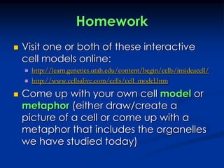 HomeworkVisit one or both of these interactive cell models online:http://learn.genetics.utah.edu/content/begin/cells/insideacell/http://www.cellsalive.com/cells/cell_model.htmCome up with your own cell model or metaphor (either draw/create a picture of a cell or come up with a metaphor that includes the organelles we have studied today)