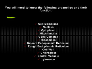 You will need to know the following organelles and their function: Cell Membrane Nucleus Cytoplasm Mitochondria Golgi Complex Ribosomes Smooth Endoplasmic Reticulum Rough Endoplasmic Reticulum Cell Wall Chloroplast Central Vacuole Lysosome 