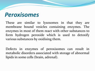 Peroxisomes
These are similar to lysosomes in that they are
membrane bound vesicles containing enzymes. The
enzymes in most of them react with other substances to
form hydrogen peroxide which is used to detoxify
various substances by oxidising them.
Defects in enzymes of peroxisomes can result in
metabolic disorders associated with storage of abnormal
lipids in some cells (brain, adrenal).
 
