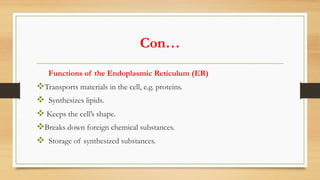 Con…
Functions of the Endoplasmic Reticulum (ER)
vTransports materials in the cell, e.g. proteins.
v Synthesizes lipids.
v Keeps the cell’s shape.
vBreaks down foreign chemical substances.
v Storage of synthesized substances.
 