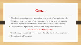 Con…
• Mitochondria contain enzymes responsible for synthesis of energy for the cell.
• Mitochondria generate most of the energy of the cells and store it in form of
adenosine triphosphate (ATP) which is used as a source of chemical energy.
• ATP (adenosine triphosphate) is a short term energy carrier molecule.
Functions of the Mitochondria
ØSite of energy production (power house of the cell / site of cellular respiration).
ØFormation of ATP molecule.
 